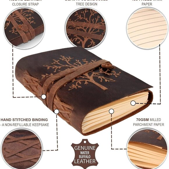 moonster Leather Journal 7x5 Lined Notebook Tree of Life Diary 400 Pages - Picture 2 of 3
